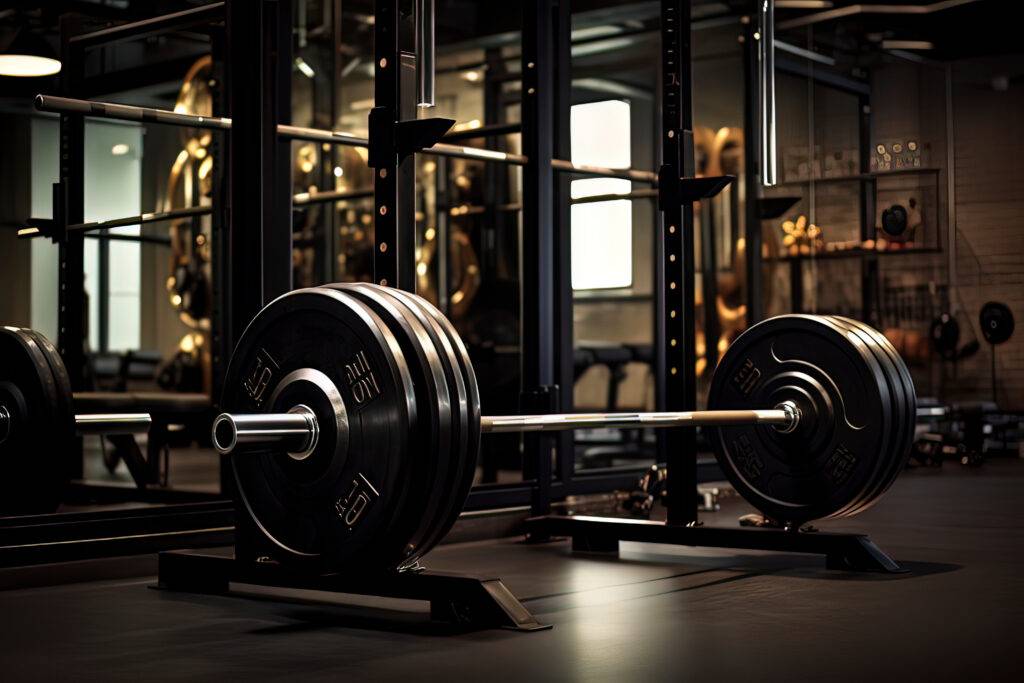 Barbells in the gym. AI technology generated image